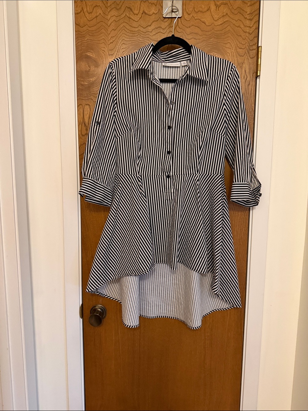 New York & Company Black and White Striped High-Low Button Down Shirt